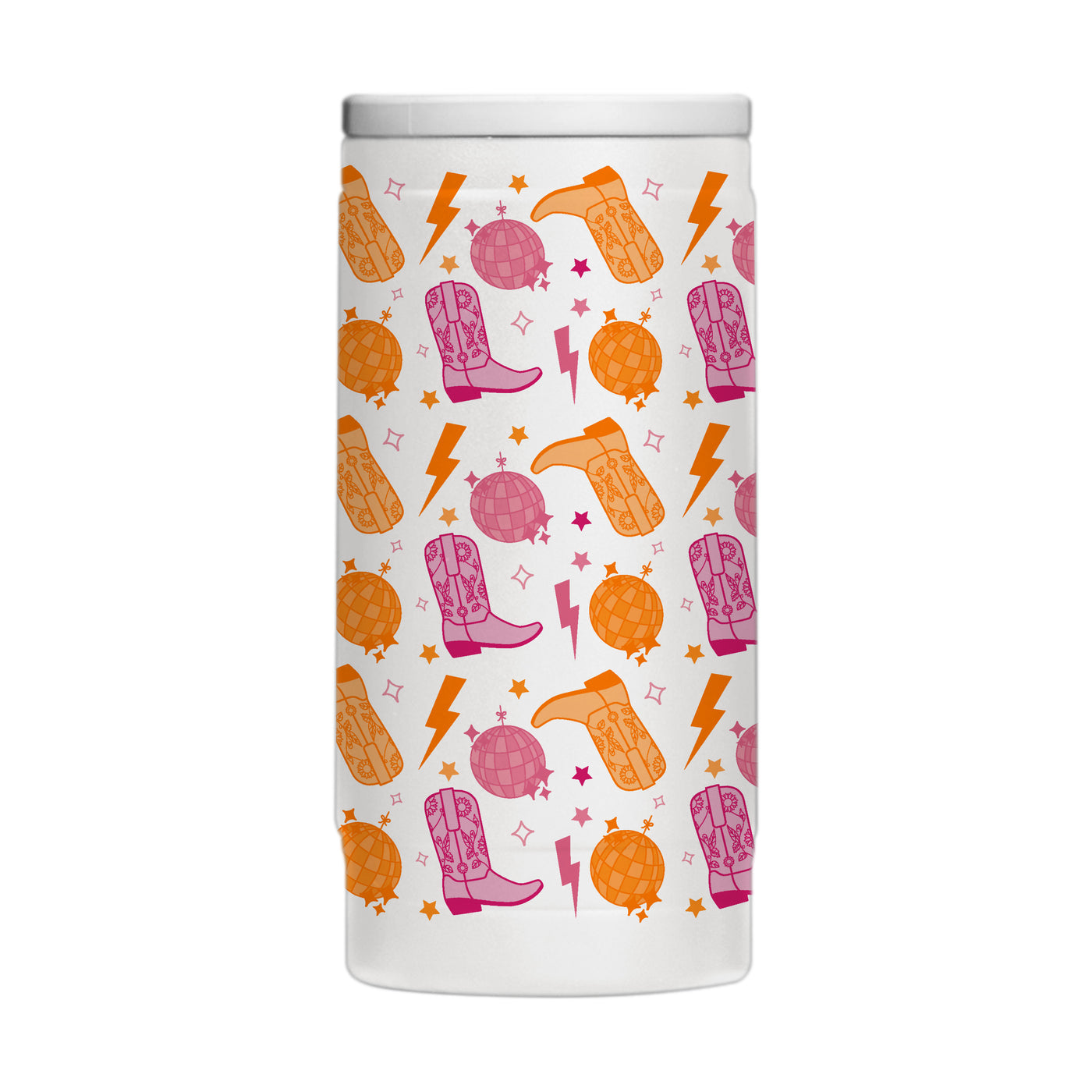 Just A Girl 12oz Disco Cowgirl Pattern Powdercoat SlimCan Coolie