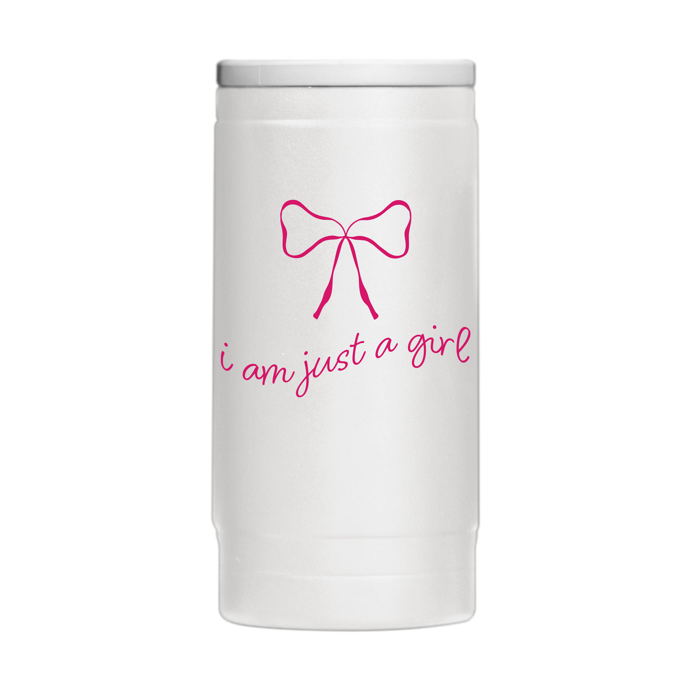 Just A Girl 12oz Pink Bow Powdercoat SlimCan Coolie