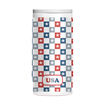 4th of July 12oz White Checkered Smiley Face Powdercoat SlimCan Coolie
