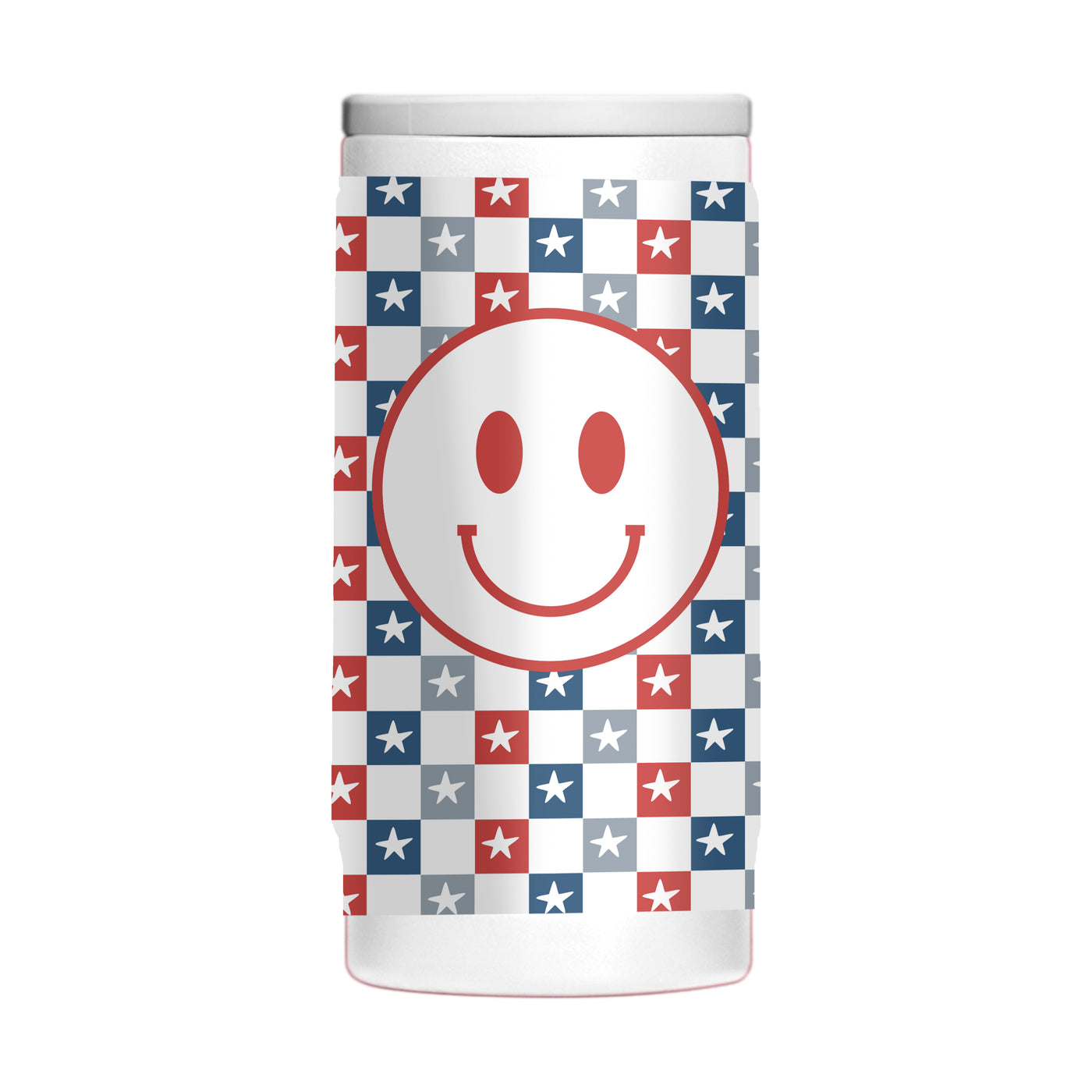 4th of July 12oz White Checkered Smiley Face Powdercoat SlimCan Coolie