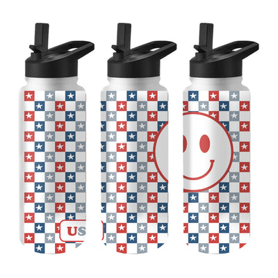 4th of July 34oz White Checkered Smiley Face Quencher Bottle