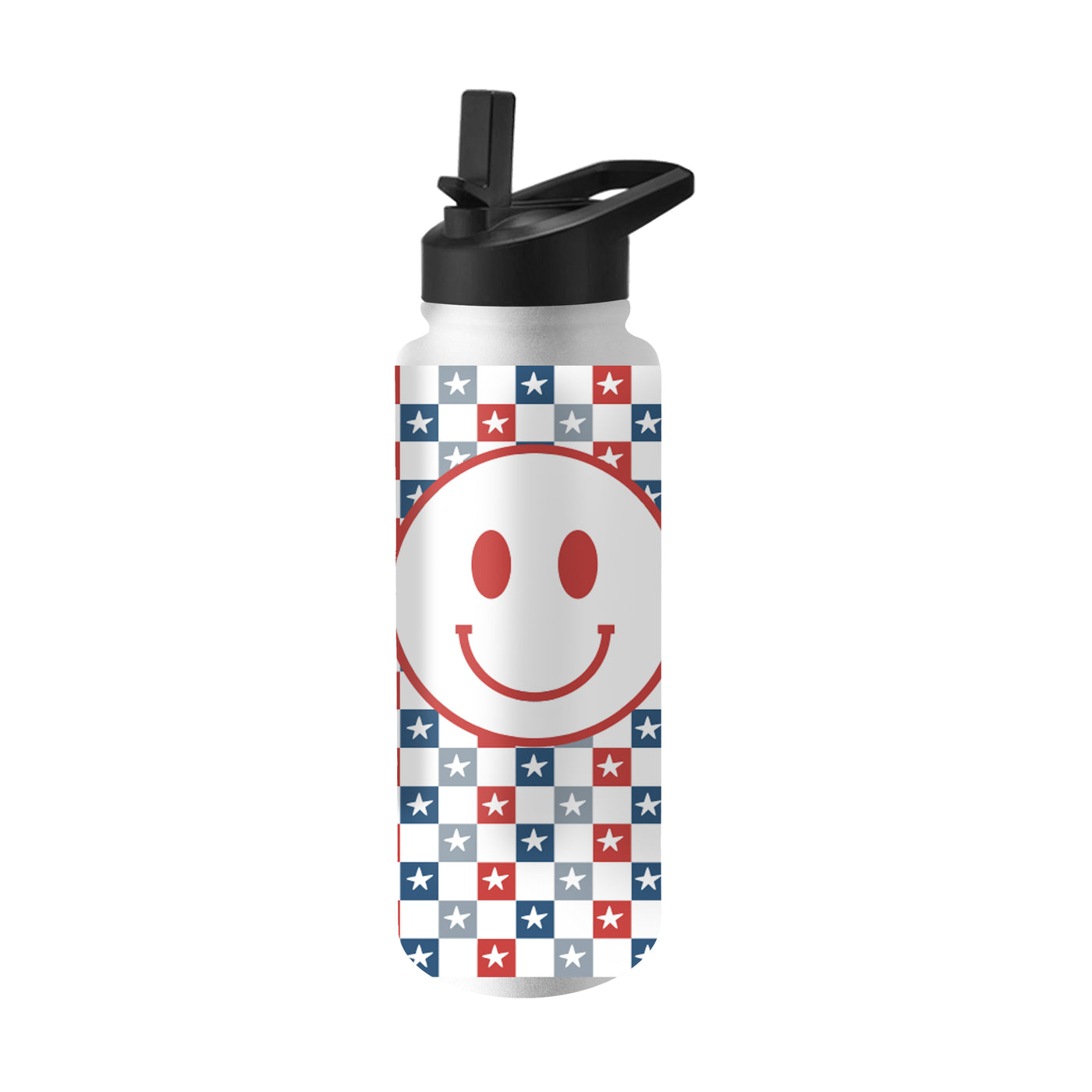 4th of July 34oz White Checkered Smiley Face Quencher Bottle