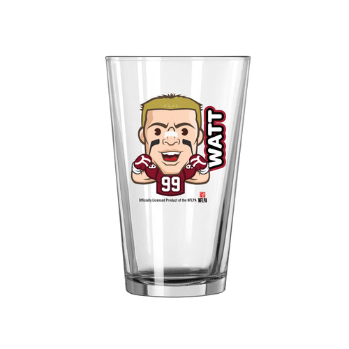 Arizona Cardinals JJ Watt caricature 16oz pint glass showing JJ Watt in team gear, designed for fans of NFL football and drinkware.