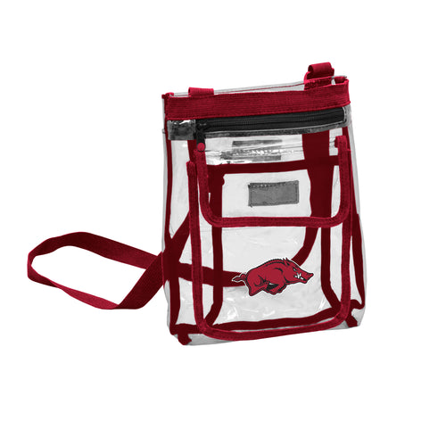 Arkansas Gameday clear crossbody bag by Logo Brands, transparent with Arkansas logo, designed for sports events and stadiums.
