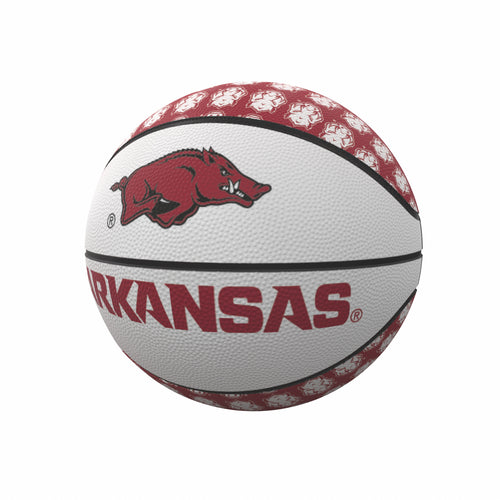 Arkansas Repeating Logo mini rubber basketball by Logo Brands, showing the basketball with Arkansas team logo design.