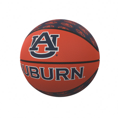 Auburn repeating logo mini rubber basketball by Logo Brands, showing a small orange basketball with Auburn team logos.