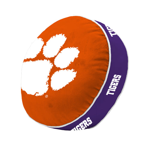 Clemson Puff Pillow with orange and purple logo, soft blanket accessory featuring Clemson University branding for fans.