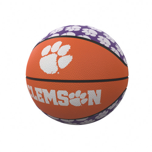 Mini rubber basketball with Clemson repeating logo, suitable for recreation and featuring durable rubber construction by Logo Brands.