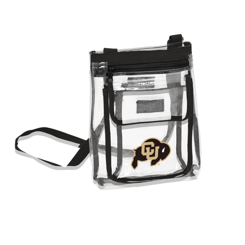 Clear crossbody bag with Colorado Gameday logo, designed for fans to carry essentials at sporting events.