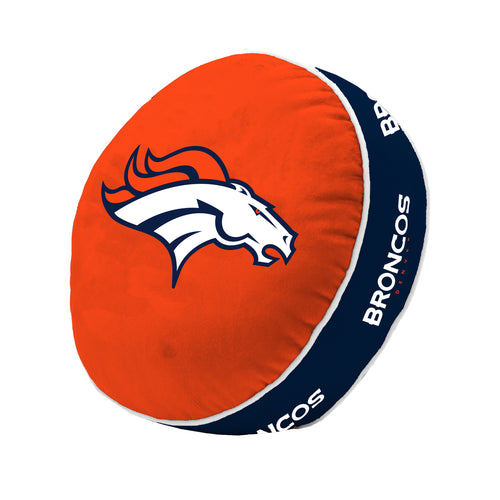 Denver Broncos Puff Pillow featuring the team logo, soft fabric, and vibrant colors, perfect for fans and home decor.