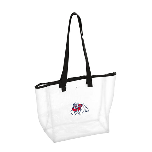 Fresno State black clear tote bag with Fresno State logo, made by Logo Brands, showing transparent design and sturdy handles.