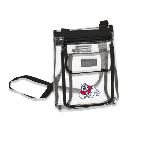 Clear Fresno State Gameday Crossbody bag by Logo Brands with Fresno State logo and adjustable strap for fans.