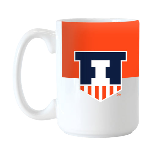 Illinois 15oz colorblock sublimated mug by Logo Brands, with vibrant orange and blue design and team logo.