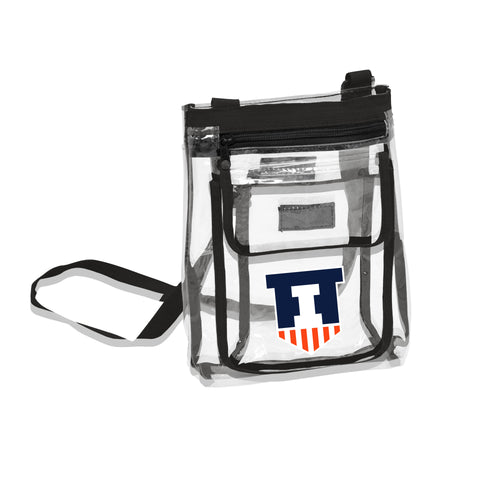 Illinois Clear Gameday Crossbody Bag by Logo Brands, transparent design with team logo, adjustable strap, and secure zipper closure.