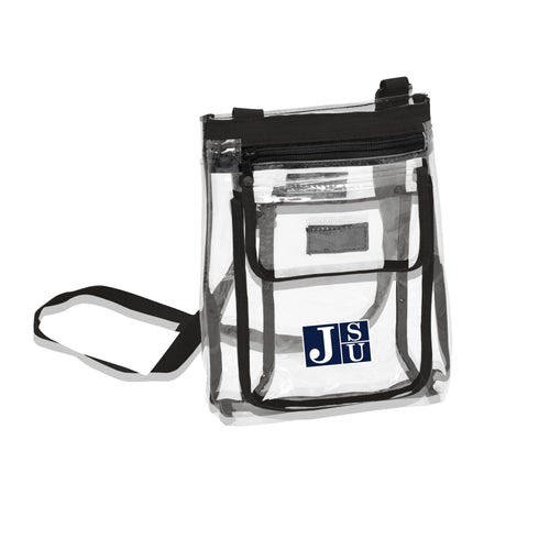 Jackson State clear crossbody tote bag with logo branding, featuring a transparent design and adjustable strap.