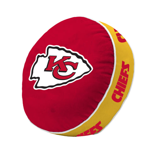 Kansas City Chiefs puff pillow featuring team logo, soft fabric, and vibrant team colors for comfortable home decor.