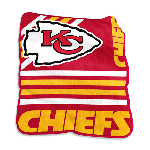 Kansas City Chiefs Raschel throw blanket by Logo Brands, featuring team logo and vibrant Chiefs colors, perfect for game day comfort.