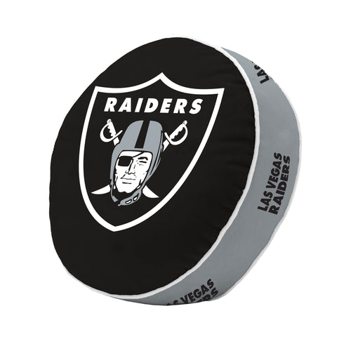 Las Vegas Raiders puff pillow featuring the Raiders logo, soft blanket with team branding by Logo Brands on a white background.