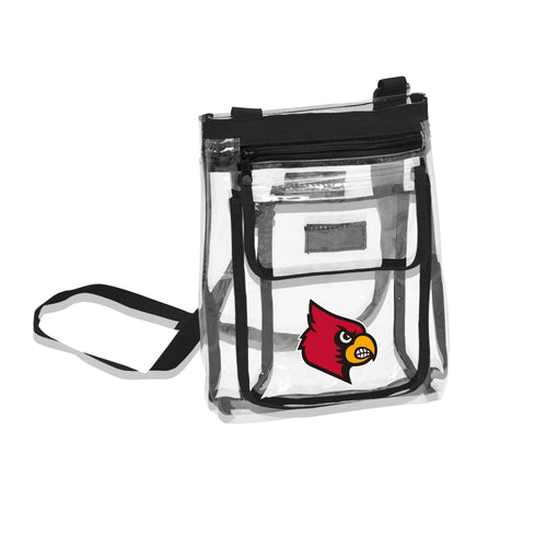 Louisville Gameday Clear Crossbody bag by Logo Brands showing transparent design with Louisville logo and adjustable strap.