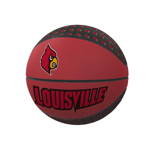 Louisville Repeating Logo Mini Rubber Basketball by Logo Brands, small-sized recreational basketball with repeating logo design.