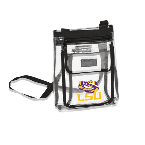 LSU Gameday clear crossbody bag by Logo Brands, transparent design with LSU logo, perfect for game day accessories.