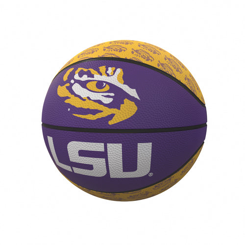LSU Repeating Logo mini rubber basketball for recreation by Logo Brands, featuring LSU team logo design.