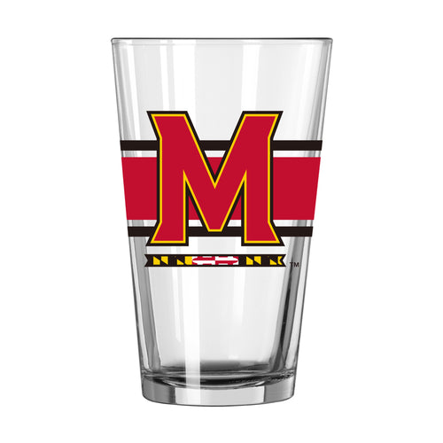 Maryland 16oz stripe pint glass by Logo Brands, featuring the Maryland state logo and colorful stripe design, for beer or beverages.