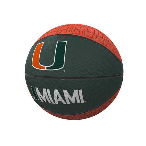 Mini rubber basketball with Miami repeating logo by Logo Brands, perfect for recreation and casual play.