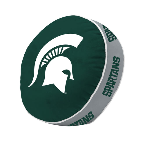 Michigan State Puff Pillow by Logo Brands featuring the Spartan logo, soft, plush blanket-style cushion with green and white colors.
