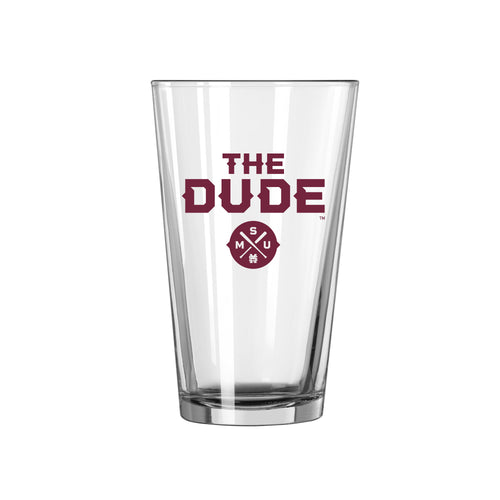 Mississippi State The Dude 16oz pint glass with logo branding, featuring a clear glass design perfect for beverages.