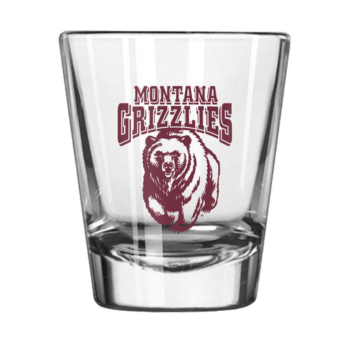 Montana Gameday 2oz shot glass by Logo Brands, clear glass with Montana team logo for sports fans.