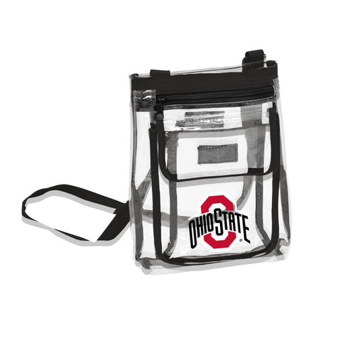 Clear crossbody bag featuring Ohio State logo and team colors, perfect for gameday events.