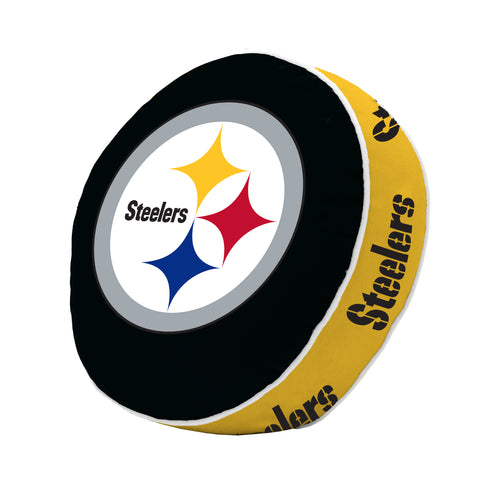 Pittsburgh Steelers puff pillow featuring team logo, soft blanket-like fabric with black and gold colors, branded by Logo Brands.