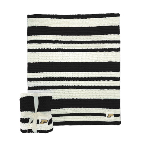 Purdue Cable Knit Throw blanket by Logo Brands, 50x60 inches, showing a cozy, cable-knit design in team colors.