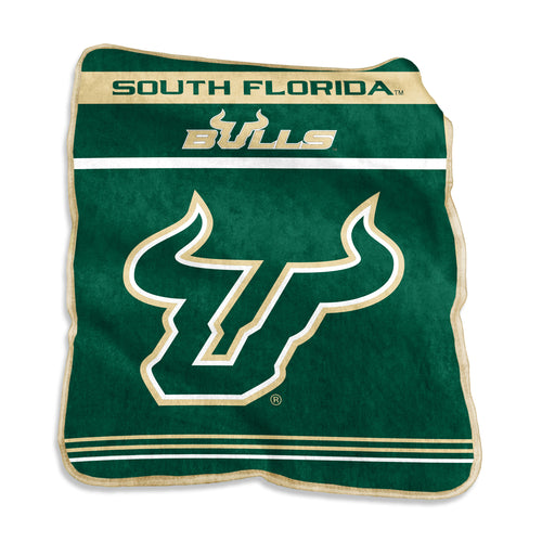 South Florida Gameday Raschel Throw blanket by Logo Brands, featuring team logo and vibrant design for game day comfort.