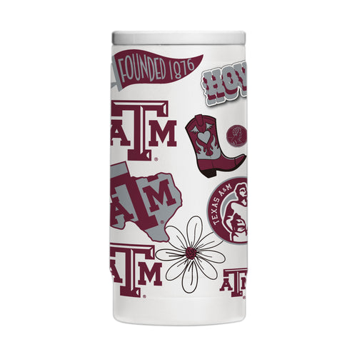 Texas A&M 12oz Native powder coat slim can cooler from Logo Brands, featuring the university's logo on durable drinkware.