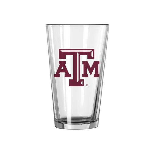 Texas A&M 16oz Gameday Pint Glass with logo, clear drinkware featuring Texas A&M branding and vibrant team colors.