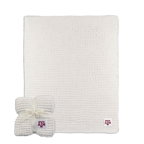 Texas A&M cable knit throw blanket by Logo Brands, 50x60 inches, featuring team logo and cozy knit design.