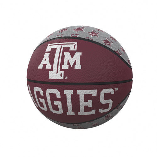 Mini rubber basketball featuring Texas A&M repeating logo, perfect for recreation and casual play, by Logo Brands.