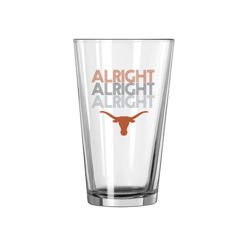 Texas Alright 16oz pint glass by Logo Brands, featuring bold Texas-themed design, perfect for beer or beverage enjoyment.