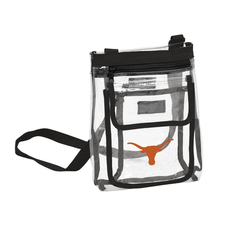 Clear crossbody bag with Texas Gameday logo from Logo Brands, featuring adjustable strap and transparent design for game day.