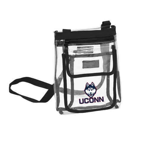 UConn clear crossbody bag by Logo Brands, featuring transparent design with UConn logo and adjustable strap.
