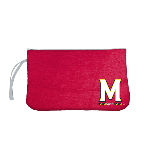 Red University of Maryland wristlet bag by Logo Brands featuring the university emblem and a convenient wrist strap.