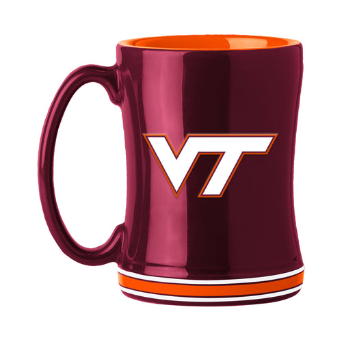 Virginia Tech 14oz Relief Mug by Logo Brands, featuring team logo and detailed relief design on ceramic drinkware.