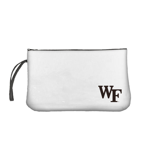 Clear wristlet bag with Wake Forest logo, featuring a transparent design and wrist strap, by Logo Brands.