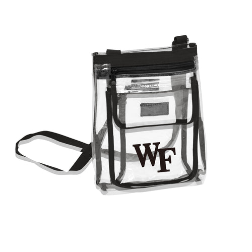Clear crossbody bag with Wake Forest logo, designed for Gameday events, by Logo Brands, featuring transparent material and adjustable strap.