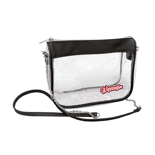 Clear Wisconsin Hype Bag by Logo Brands, showing transparent design with Wisconsin team logo for sports fans.