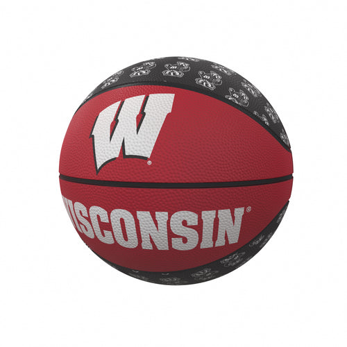 Wisconsin Repeating Logo Mini Rubber Basketball by Logo Brands, showing the team logo on the small recreation basketball.