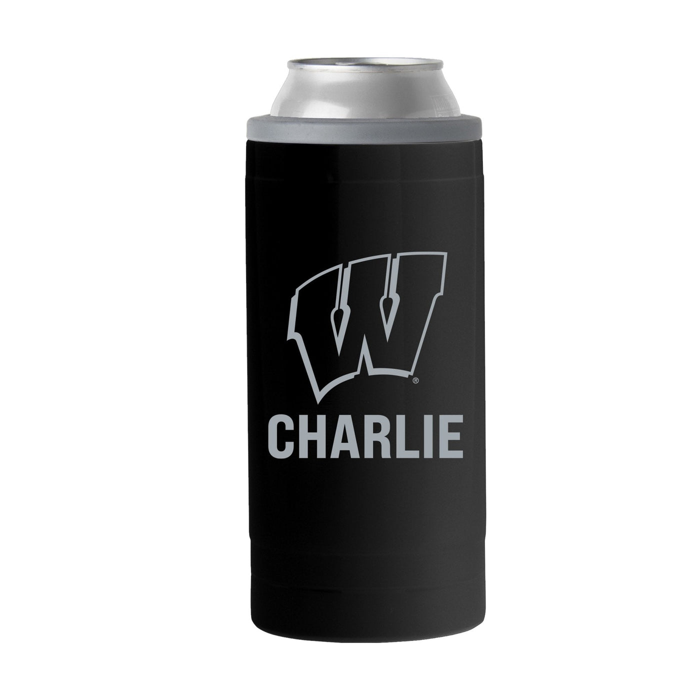 Wisconsin Personalized 12oz Black Sim Can Coolie - Logo Brands